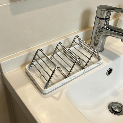 Soap Dish, Stainless Steel Self Draining Shower Bar Soap Holder with Ceramic Dish Tray, W Style Soap Saver for Bathroom, Sink, Kitchen and Countertop(Gray Texture)