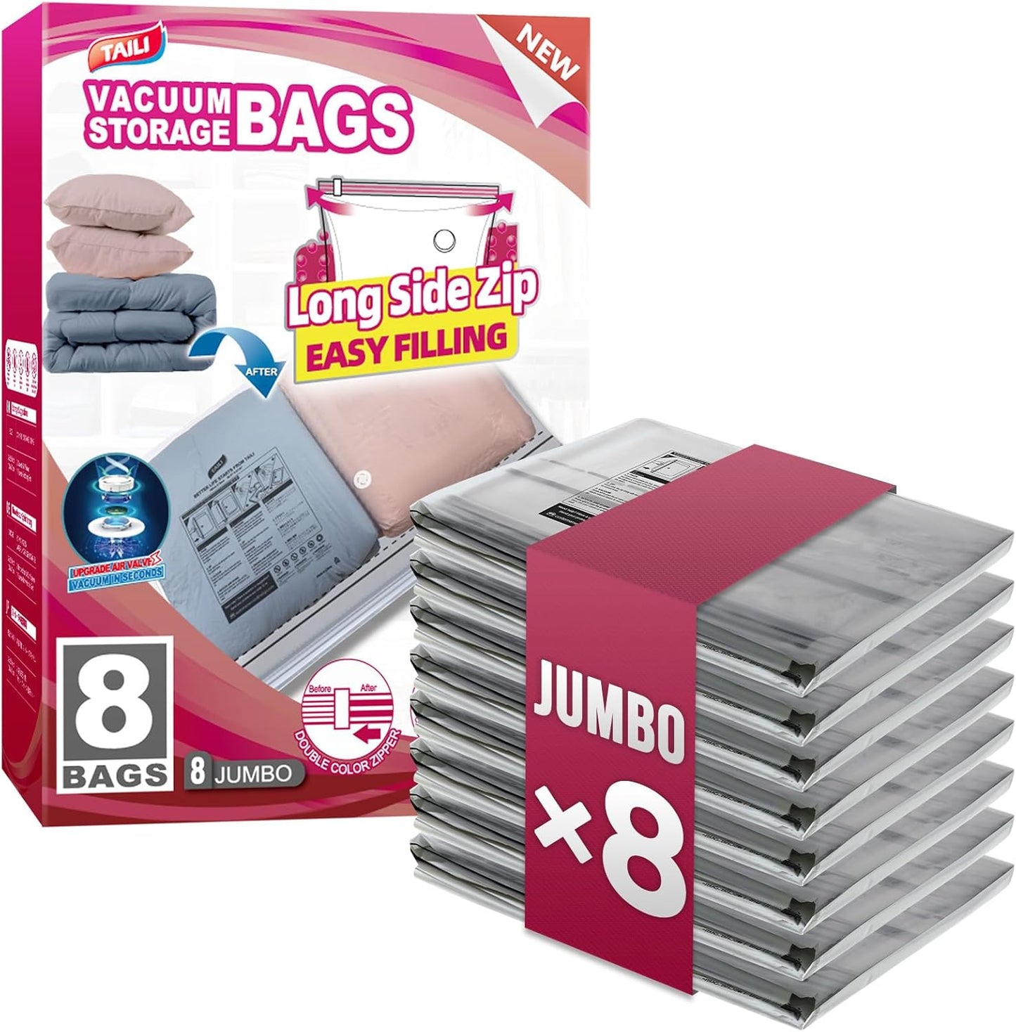 TAILI 8 Pack Jumbo Vacuum Storage Bags, 39x28 inch, LONG SIDE ZIP Vacuum Seal Bags for Clothing, Space Saver for Beddings, Comforters, Blankets, Pillows