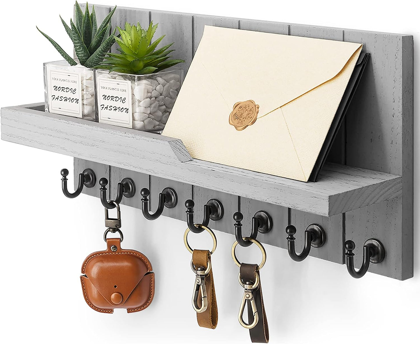Rebee Vision Decorative Key Holder Wall Mount - Rustic Key Holder for Wall with Shelf and Mail Organizer for Living Room Decor - Home Essentials for Home Improvement (Brown, 3.54" x 10" x 7.28")