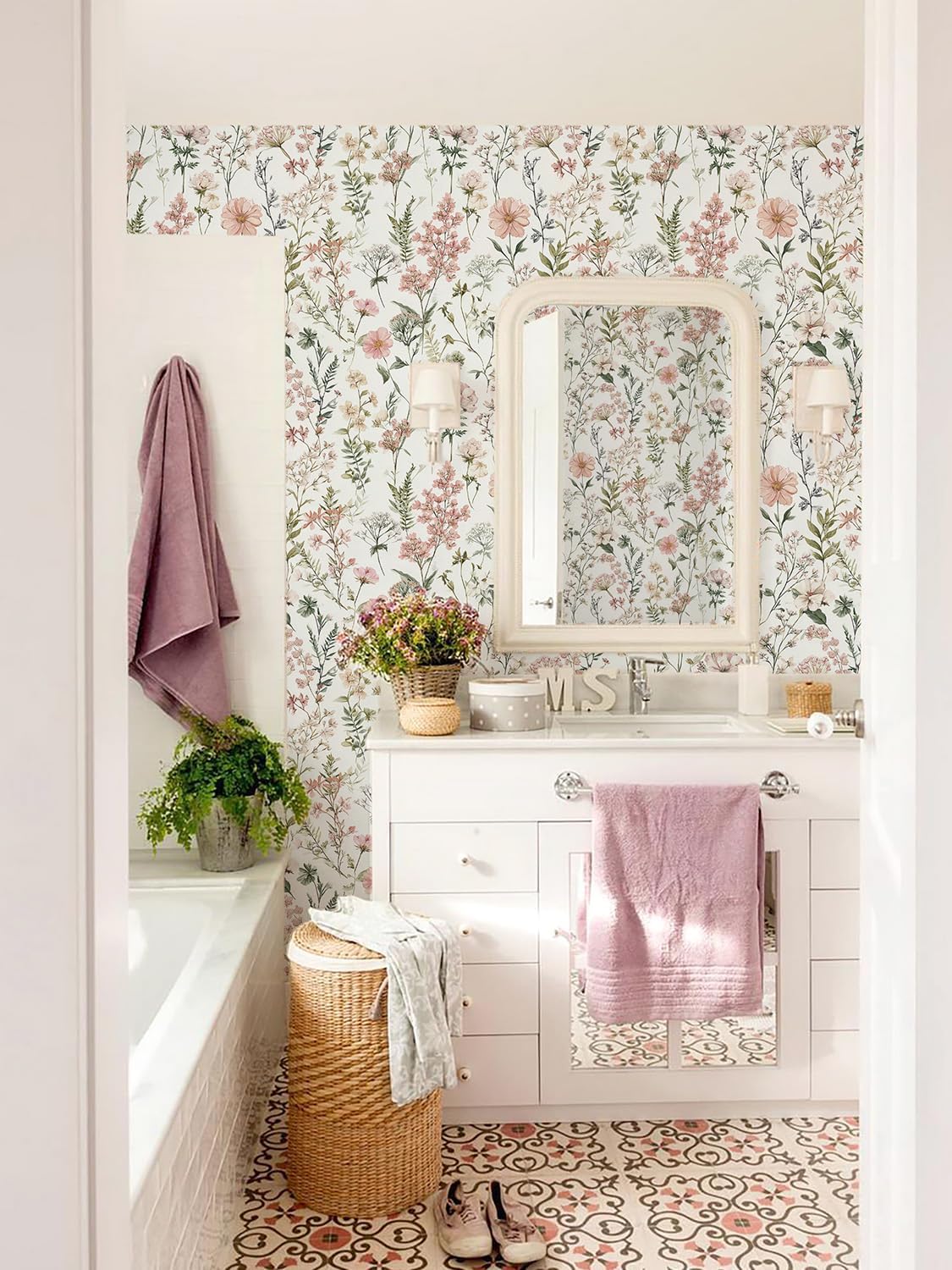 Orainege Pink Floral Peel and Stick Wallpaper Removable Self Adhesive Wallpaper 16.9inx118.1in Modern Wall Paper for Bedroom Bathroom Green Leaf Contact Paper for Cabinets
