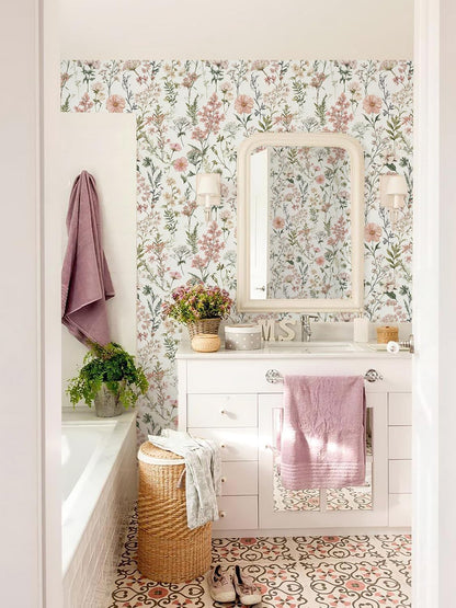 Orainege Pink Floral Peel and Stick Wallpaper Removable Self Adhesive Wallpaper 16.9inx118.1in Modern Wall Paper for Bedroom Bathroom Green Leaf Contact Paper for Cabinets