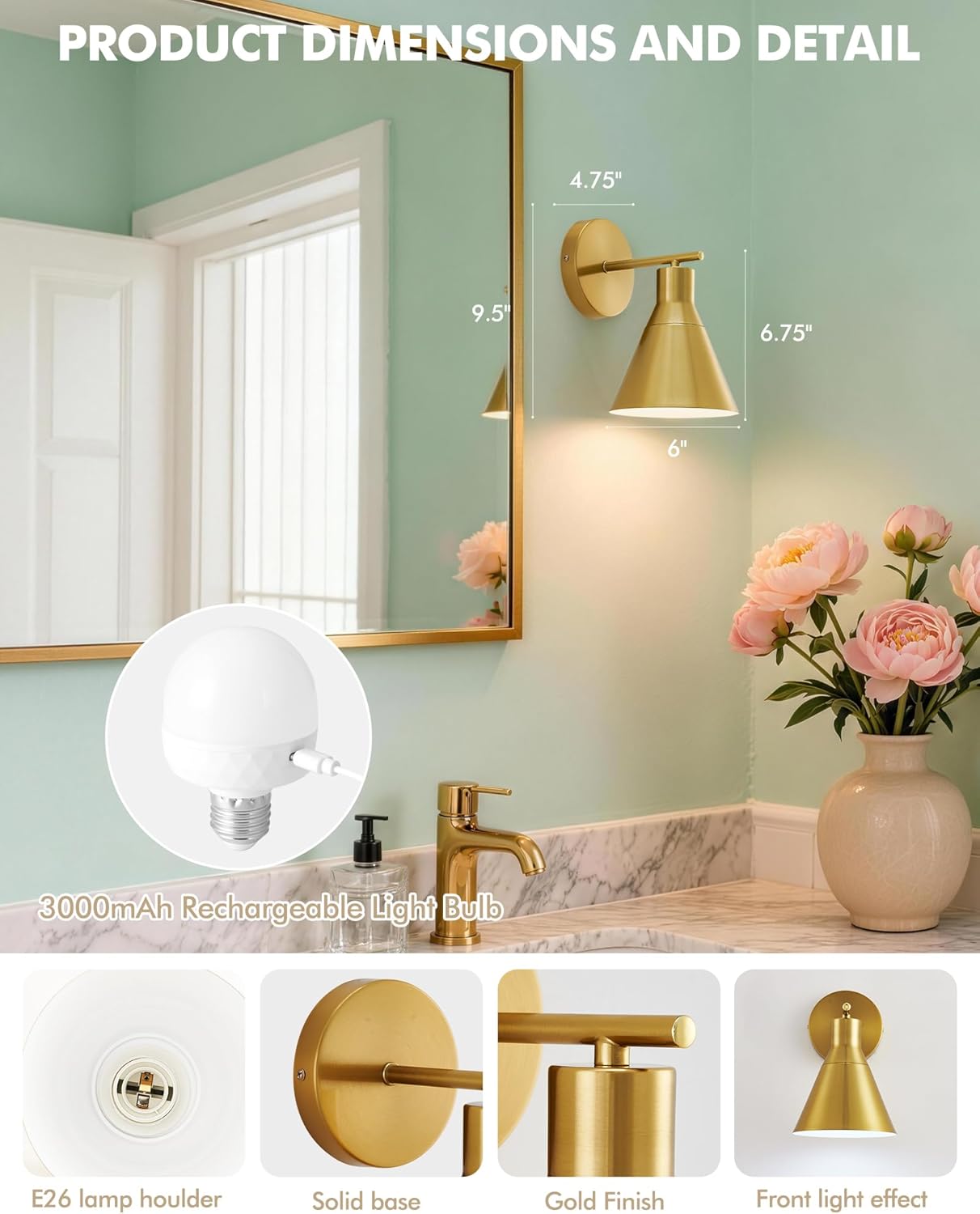 Modern Wireless Battery Operated Wall Sconces, Black Rechargeable Cordless LED Wall Lights Set of Two, Dimmable Battery Powered Wall Decor Lamp Fixture with Remote Control for Bedroom Indoor