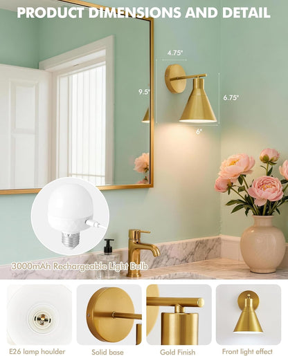 Modern Wireless Battery Operated Wall Sconces, Black Rechargeable Cordless LED Wall Lights Set of Two, Dimmable Battery Powered Wall Decor Lamp Fixture with Remote Control for Bedroom Indoor