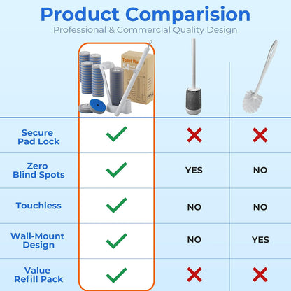Disposable Toilet Brush and Holder Set - Hands-Free Eject Sponge Toilet Wand with Floor Standing Caddy, Secure-Lock Hangable Toilet Scrubber