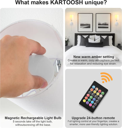 Battery Operated Wall Sconces Set of Two,Wireless Rechargeable Wall Light With Remote Control, Dimmable, Amber Light/Warm White/Natural White/Daylight/RGB, Timer,for Living Room,Bedroom,Entryway,Gold