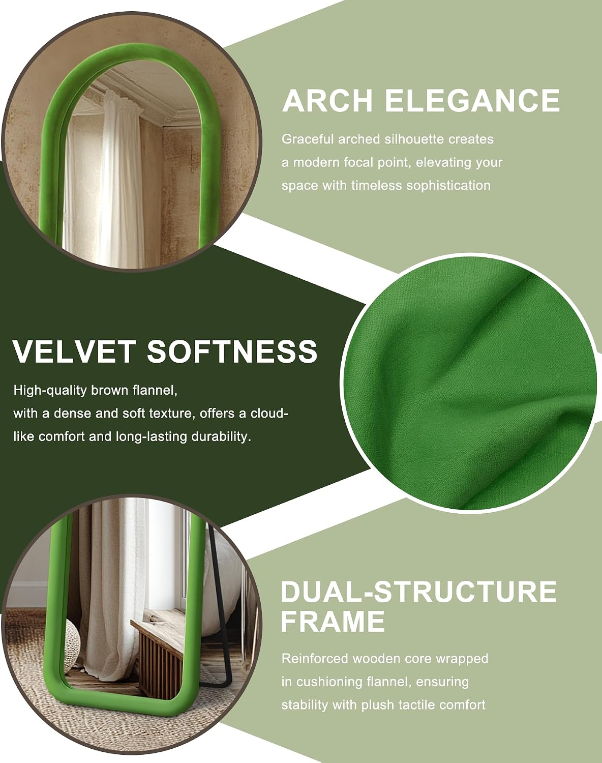 Delma Arched Full Length Mirror, Free Standing Floor Velvet Finish Frame Mirror for Leaning or Hanging, Soft Touch Bedroom & Living Room Decor, Brown