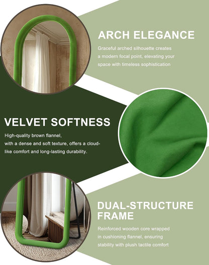 Delma Arched Full Length Mirror, Free Standing Floor Velvet Finish Frame Mirror for Leaning or Hanging, Soft Touch Bedroom & Living Room Decor, Brown
