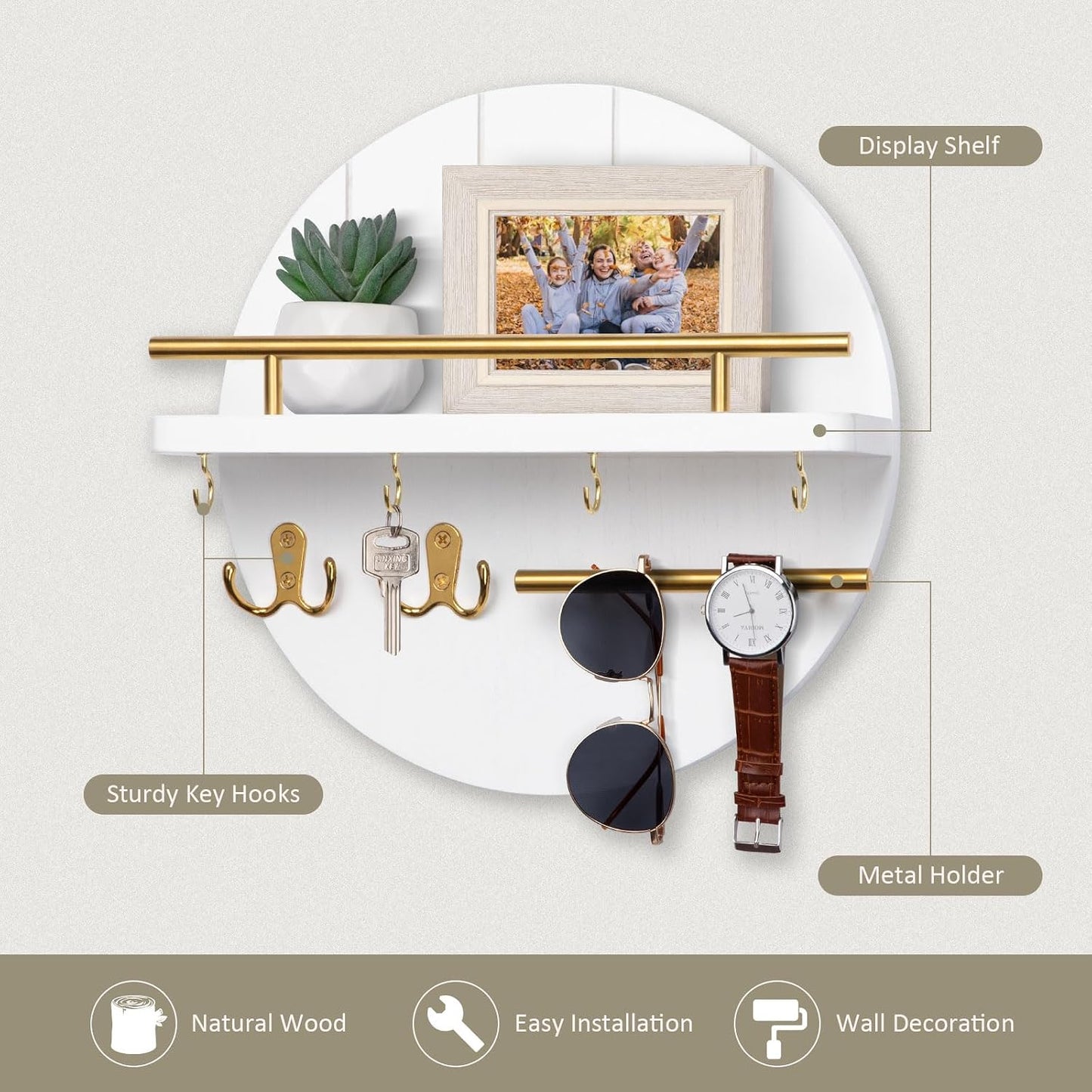 Nekon Key Holder Wall Mount, 11.8 Inch Rack With Shelf and 6 Hooks, Rustic Mail Organizer, Circular Wooden Hanger for Entryway Hallway Kitchen (Brown&Gold)