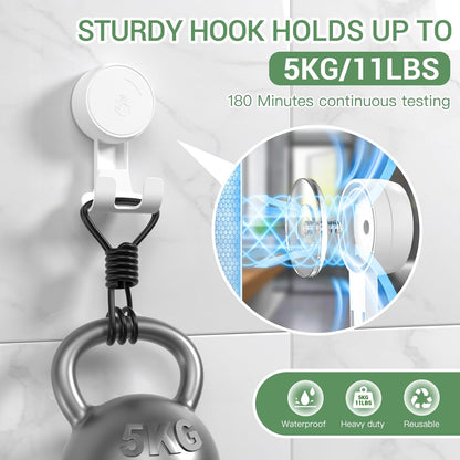 LUXEAR Heavy Duty Waterproof Shower Hooks 2 Pack - Suction Hook, No Drill Damage-Free Removable Reusable Wall Hooks for Bathroom Kitchen Towel Bathrobe Loofah Shower Hooks (Max Load 11LB/5KG)