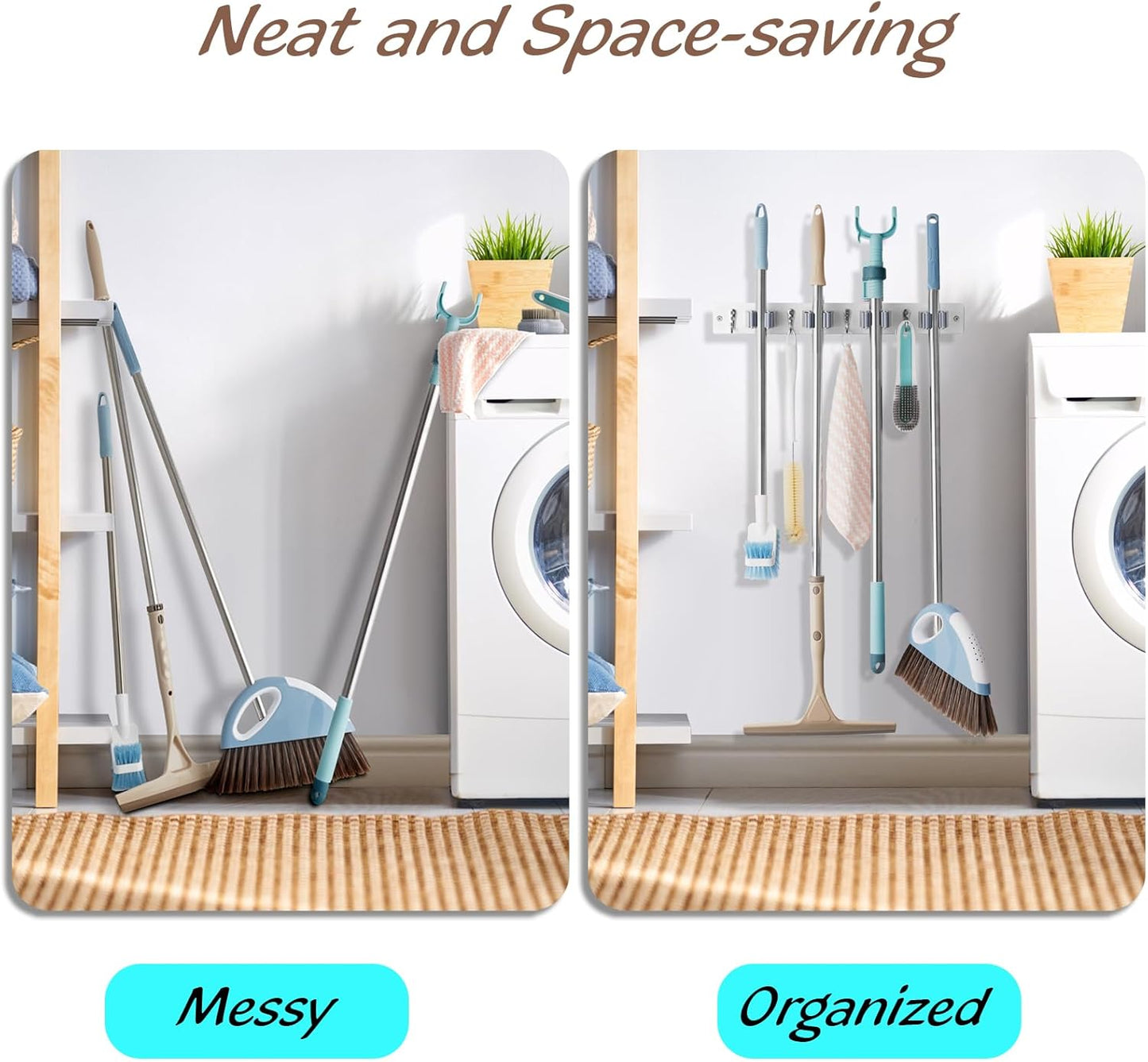 OUTNILI Mop and Broom Holder Wall Mount - Wood Broom Mop Hanger - Wall Mounted Garden Tool Rack Organizer for Closet Garage Laundry Room for Rustic Kitchen Decor With 5 Slots & 4 Hooks
