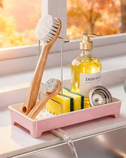 Minimalist Sink Caddy, Rustproof Sponge Holder for Kitchen Sink with 304 Stainless-Steel Brush Holder, Countertop Rack Organizer with Raised Ridges & Silicone Drain Tube (Black, Large)