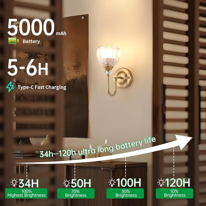 Set of 2 Vintage Battery Operated Wall Sconce, Rechargeable Wall Lamp with 5000mAh Battery & Remote Control, Dimmable Wall Lights with tulip shade for Bedroom Bathroom Living Room, (Tulip Amber Up)