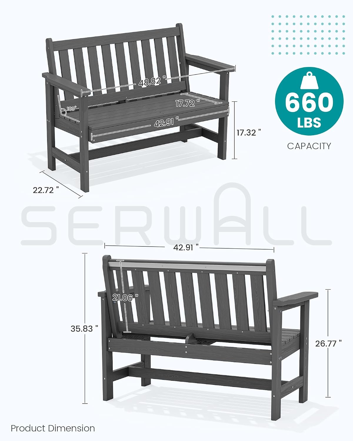 SERWALL HDPE Outdoor Storage Bench, Deck Box with Waterproof Storage Bags | All-Weather Benches | 57 Gallon Dual-Use Seat | Organizer Deck Boxes for Patio, Garden Tools & Pool | Dark Black