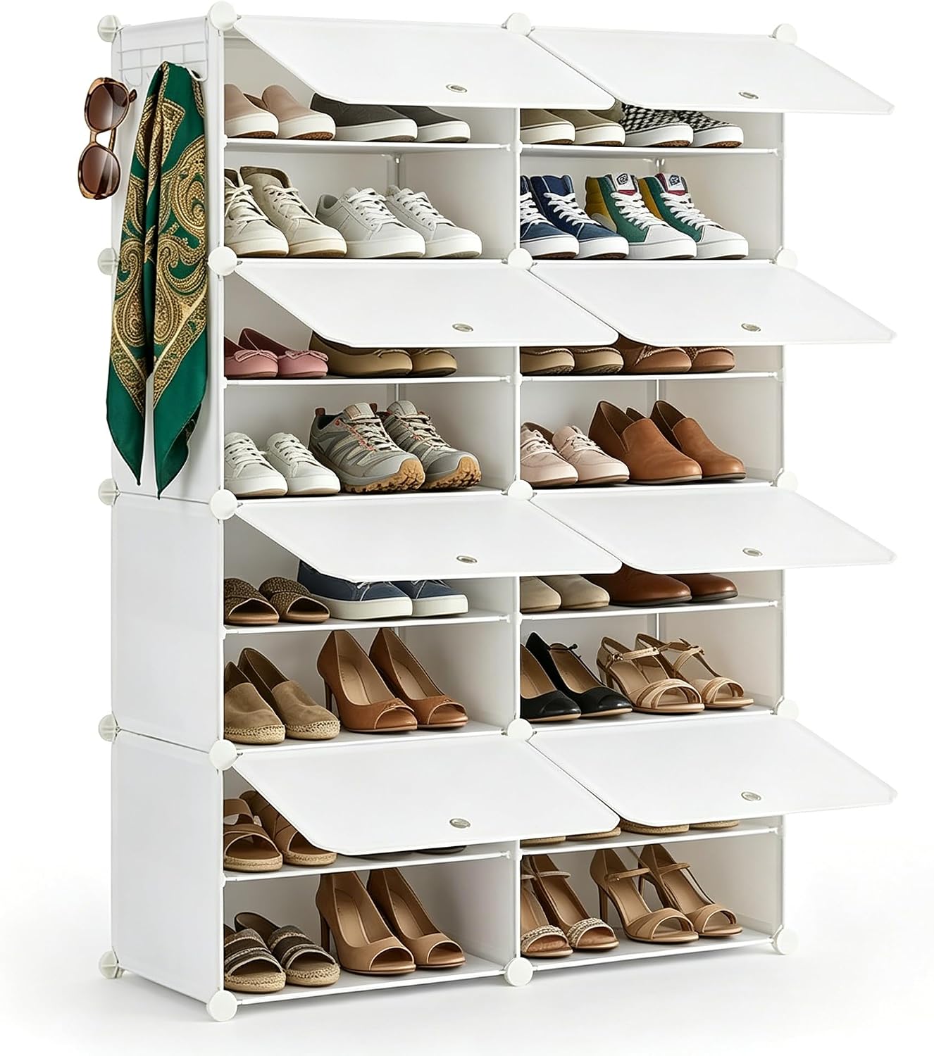 HealSmart Shoe Rack Organizer with Door, Shoe Storage Cabinet, Stackable Plastic Shelves for Closet, Entryway, Hallway, Bedroom, 8-Tier 32-Pair, White