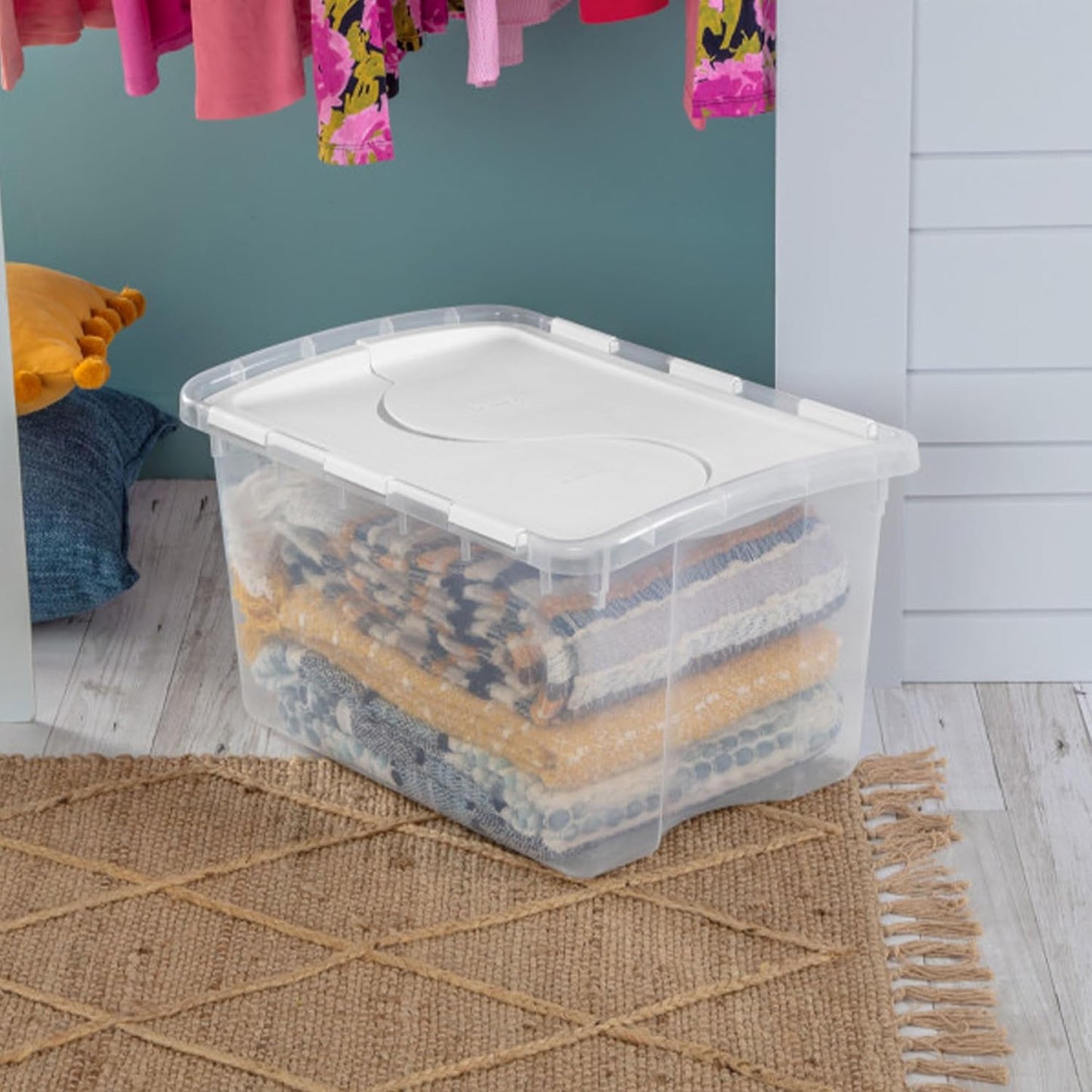 Sterilite 6 Pack Storage Box, 41 Quart Stackable Tote, Clear Plastic Container with Secure Snapping White Lids for Home and Office Organization