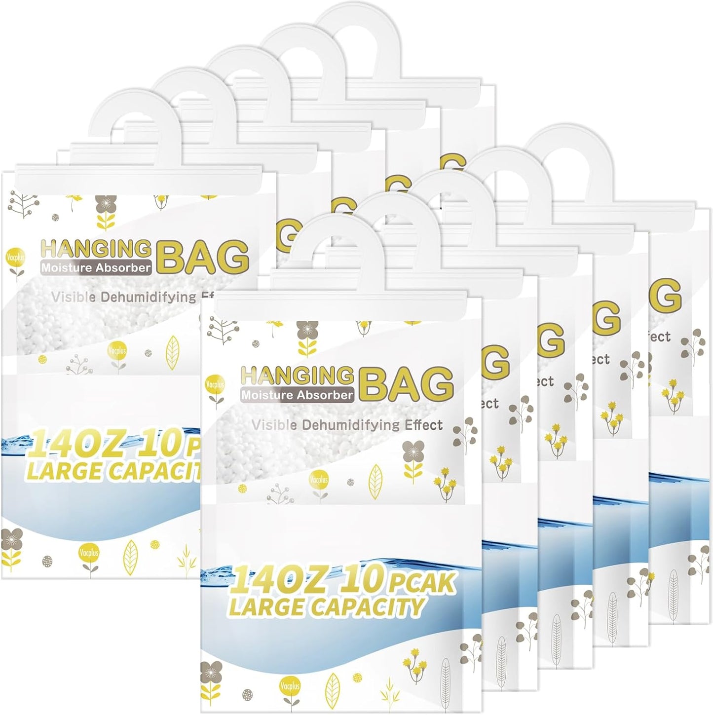 Vacplus Moisture Absorbers, Hanging Closet Dehumidifier Bags, Humidity Packs, Desiccant, Closet Dehumidifiers with Linen Fragrance, 10 Pack, 9.8 OZ