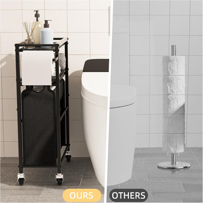 Toilet Paper Holder with Storage Bag & Wheels - Freestanding Bathroom Organizer Holds 9 Rolls for Small Spaces, Essentials Storage Beside Toilet-Brown