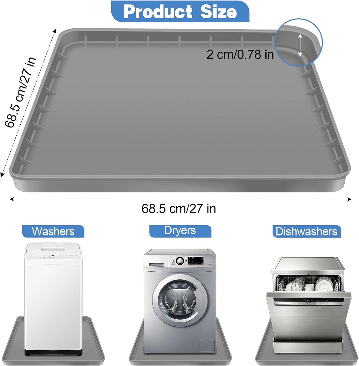 ToLanbbt 27" x 27" Washing Machine Drain Pan Mat, Soft Silicone Washer Drip Tray with 0.78" Raised Edge, Water-Proof Anti-Vibration Leak-Proof Floor Protector for Under Washer, Dryer, Fridge (Gray)