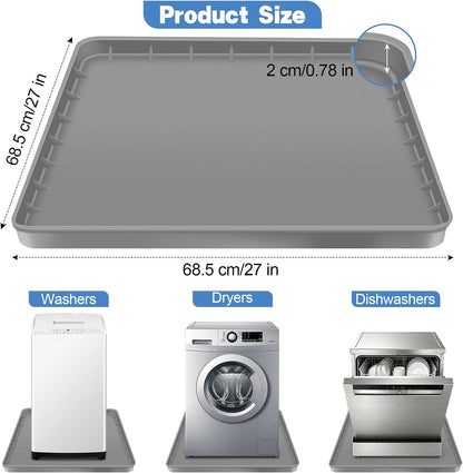ToLanbbt 27" x 27" Washing Machine Drain Pan Mat, Soft Silicone Washer Drip Tray with 0.78" Raised Edge, Water-Proof Anti-Vibration Leak-Proof Floor Protector for Under Washer, Dryer, Fridge (Gray)