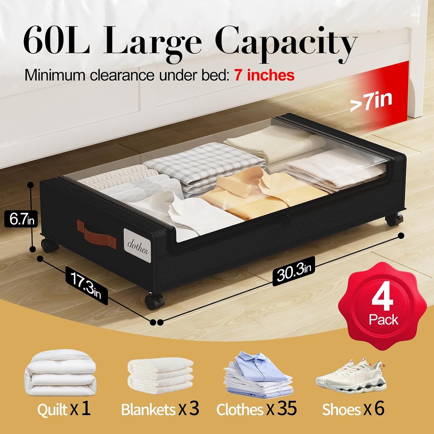 Yecaye Under Bed Storage with Wheels, 2 Pack Under the Bed Storage Containers with Lids & Label, XXL 60L Rolling Underbed Storage Drawers for Clothes, Blankets, Shoes, Black
