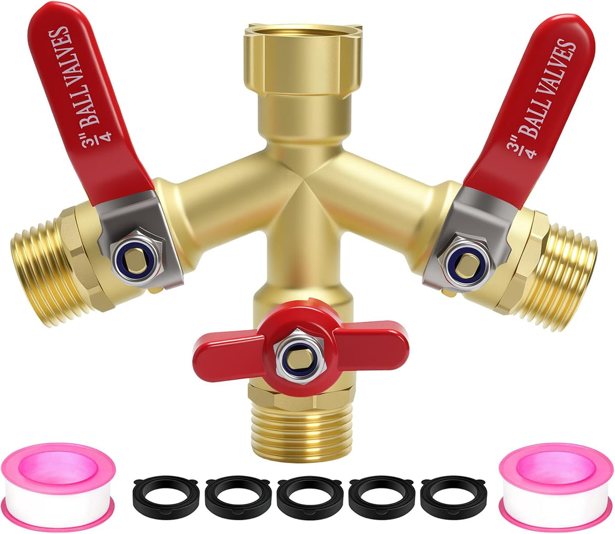Hose Splitter 2 Way Heavy Duty, Full Flow Garden Hose Splitter with Large Easy-Turn Handle, 3/4 Inch GHT Brass Water Hose Splitter for Outdoor Faucet, Y Valve Hose Bib Splitter