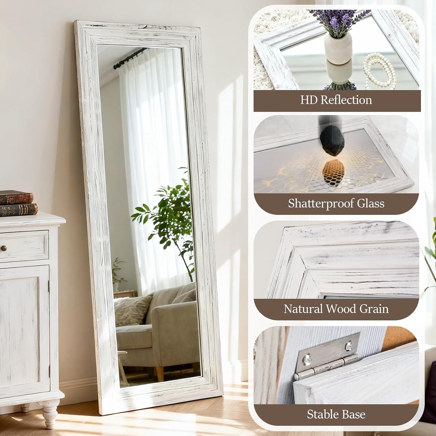 Full Body Mirror with Wooden Frame,Full Length Standing Floor Mirror for Farmhouse, Bathroom, Bedroom Decor, Hanging or Leaning Wall-Mounted,Brown