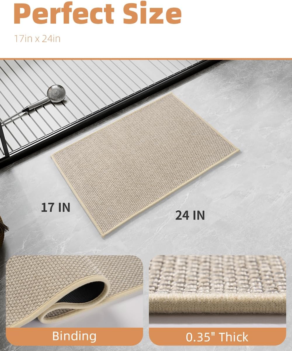 PADOOR Non-Slip Bath Mat With Rubber-Backing, Braided Absorbent Machine Washable Thin Rug for Bathroom Floor, Quick Dry, Fits Under Door, 17''x24'' Beige