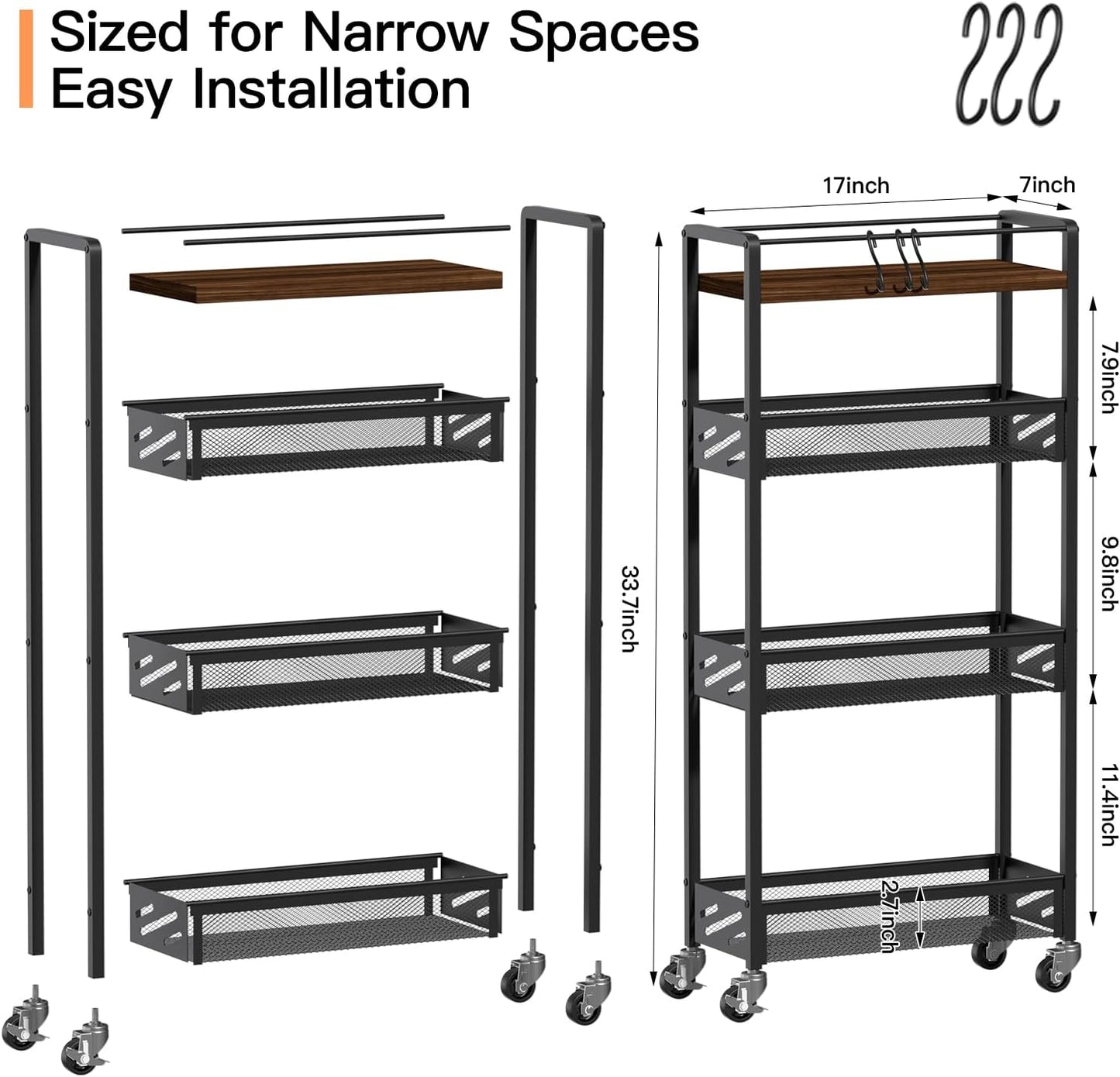 DGSNADGO Slim Rolling Storage Cart, 4-Tier Kitchen Cart on Wheels, Narrow Utility Cart with Handle and Wooden Tabletop for Small Space in Kitchen, Living Room, Bathroom, Laundry Room, Beige and White
