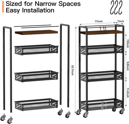 DGSNADGO Slim Rolling Storage Cart, 4-Tier Kitchen Cart on Wheels, Narrow Utility Cart with Handle and Wooden Tabletop for Small Space in Kitchen, Living Room, Bathroom, Laundry Room, Beige and White