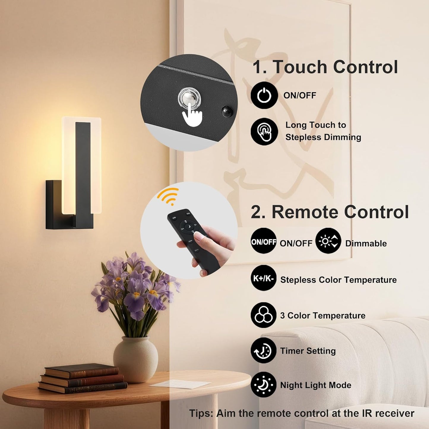 KARTOOSH Rechargeable Wireless Wall Sconces,Battery Operated Modern Wall Light Set of Two with Remote Control,Dimmable,3000K/4000K/6000K,Timer,Cordless Lighting for Hallway,Bedroom,Living Room Black