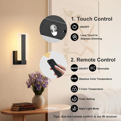 KARTOOSH Rechargeable Wireless Wall Sconces,Battery Operated Modern Wall Light Set of Two with Remote Control,Dimmable,3000K/4000K/6000K,Timer,Cordless Lighting for Hallway,Bedroom,Living Room Black