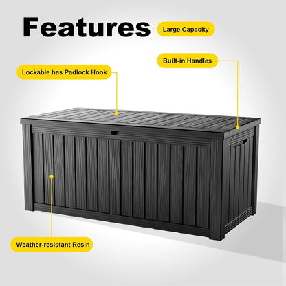 320 Gallon Waterproof Outdoor Storage Box, UV Resistant Resin Deck Box with Hydraulic Rod for Reinforced Stability, Perfect for Patio, Garden, and Pool（Black，320 Gallon）