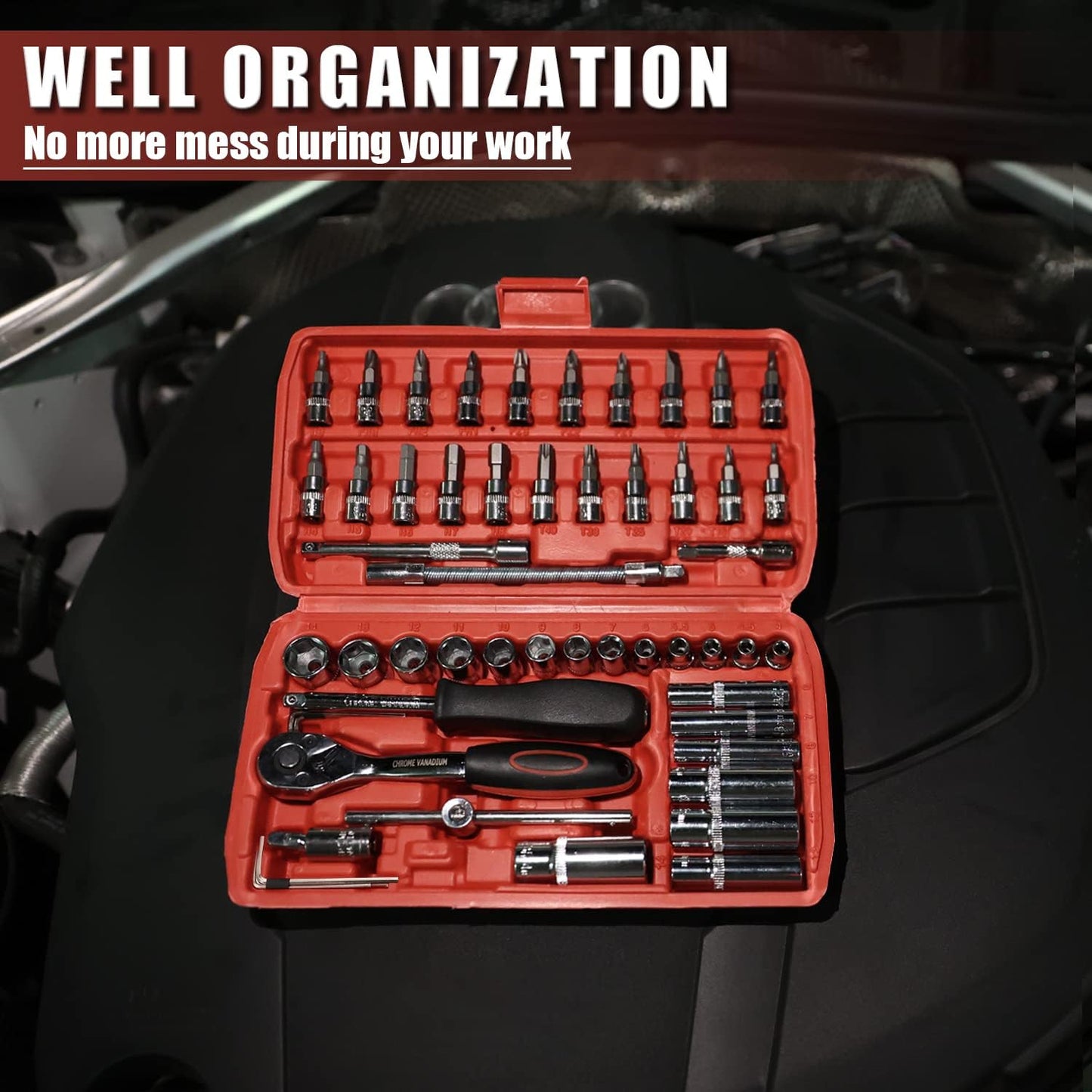 Egofine 46 Pieces 1/4 inch Drive Socket Ratchet Wrench Set, with Bit Socket Set Metric and Extension Bar for Auto Repairing and Household, with Storage Case