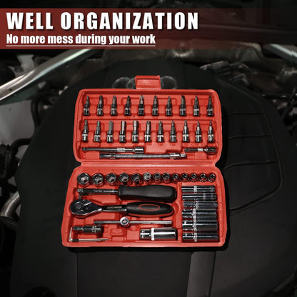 Egofine 46 Pieces 1/4 inch Drive Socket Ratchet Wrench Set, with Bit Socket Set Metric and Extension Bar for Auto Repairing and Household, with Storage Case