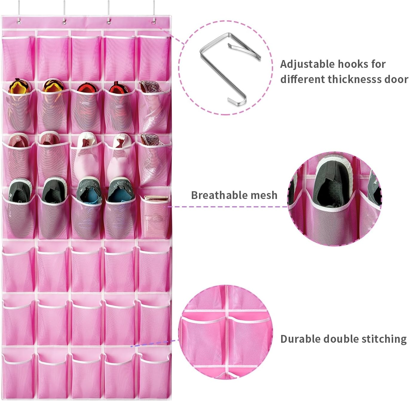 SAVERHO 35 Pockets Over the Door Shoe Organizer, Hanging Shoe Organizer for Door with 35 Mesh Pockets Large Capacity Shoe Hanging Storage Bag with 4 Metal Hooks (White-1Pack)
