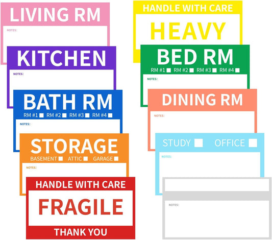 Ououstate Moving Stickers, 6 x 4 Inches Color-Coded Packing Box Labels 10 Designs with Fragile 、Heavy and Blank Customizable Labels (6 * 4IN)