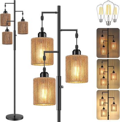 Hotsonic 72" Tall Boho Rattan Style Floor Lamp with Hand-Woven Paper Cord Shade, Dimmable Industrial Tree Standing Lamp for Living Room, Bedroom, Study Room, Office (3 x 800LM Bulbs Included) - Black