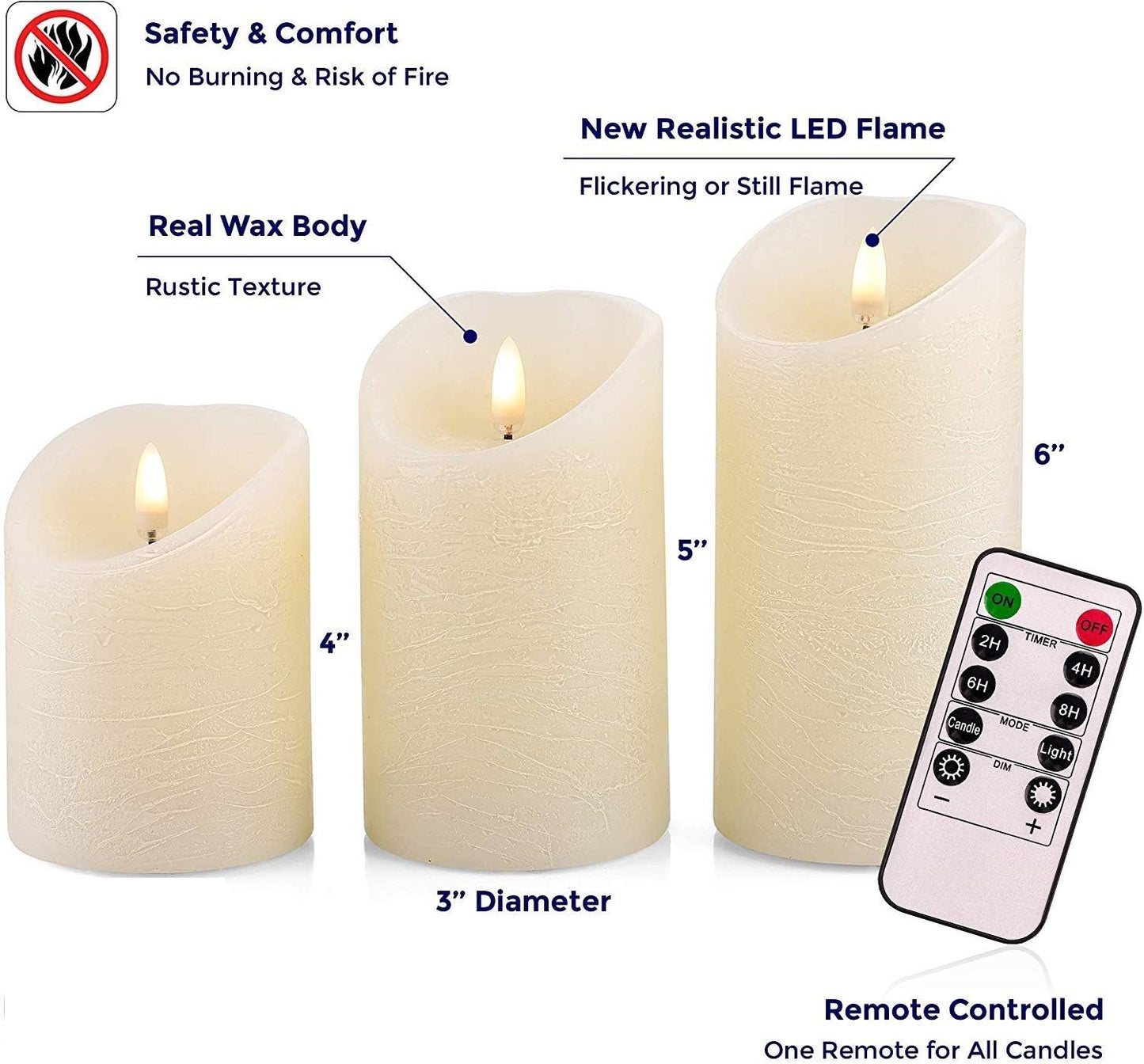 VENTA Set of 3 White Pillar Candles | Real Wax Battery Operated Flickering LED Candles with Remote | Timeless Decor for Farmhouse, Modern & Mantel Displays