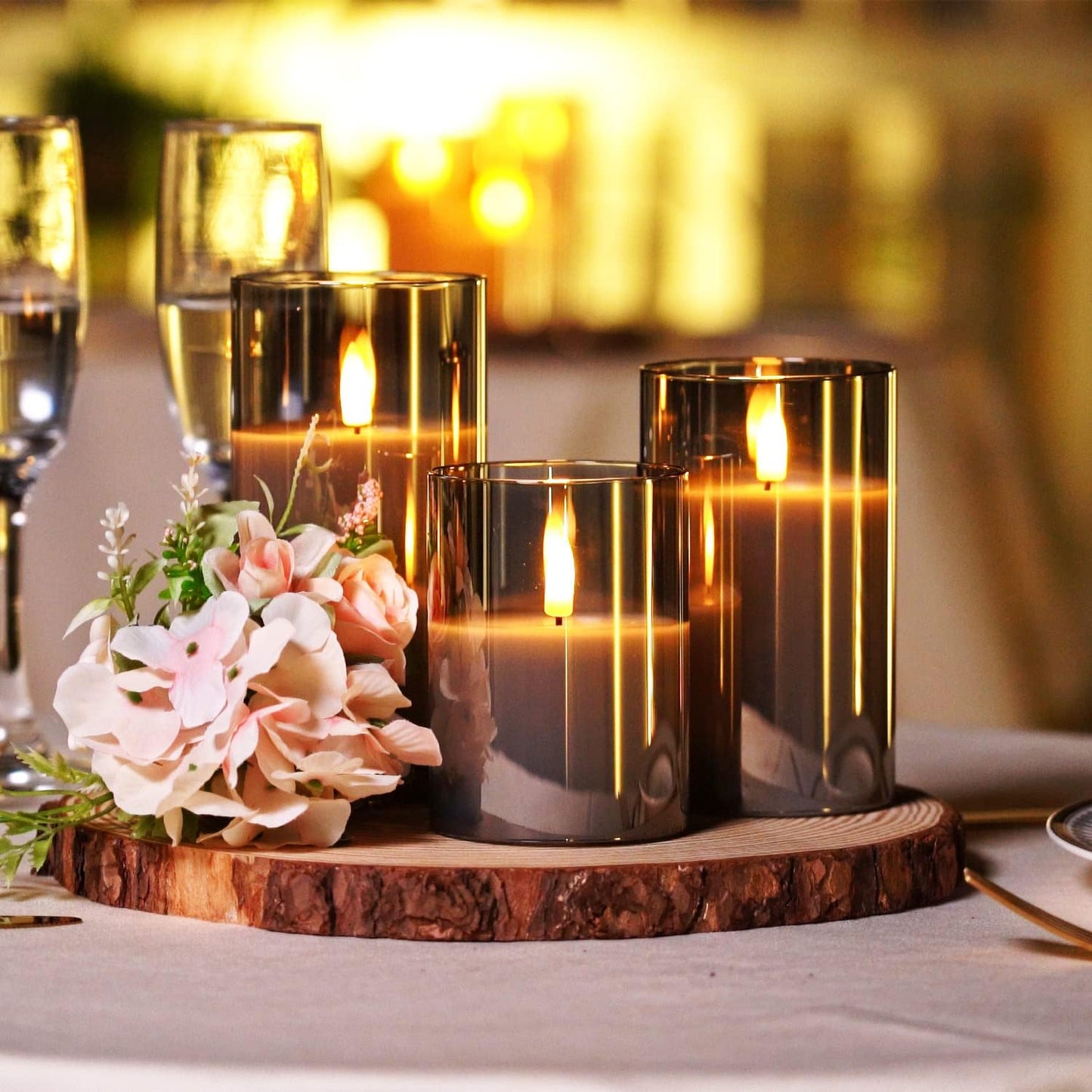 Homemory Green Glass Flameless Candles, Battery Operated LED Pillar Candles with Remote Control and Timer, Radiance Candles, Real Wax, Set of 3,D3 xH4 5" 6"