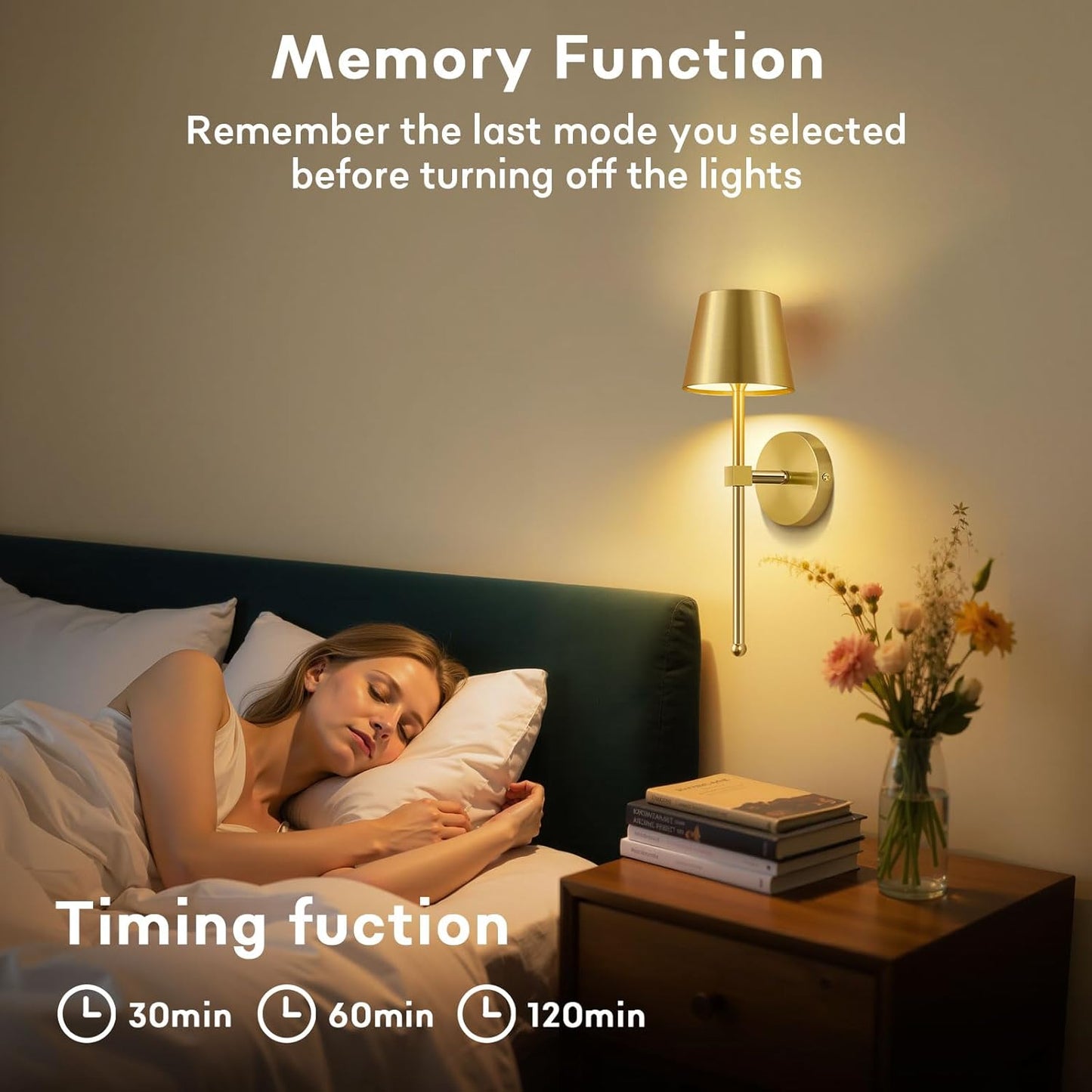 LIGHTESS Battery Operated Wall Sconce Set of Two with Touch and Remote Control, Dimmable Rechargeable Wall Lights for Living Room, Bedroom, Hallway (Gold)