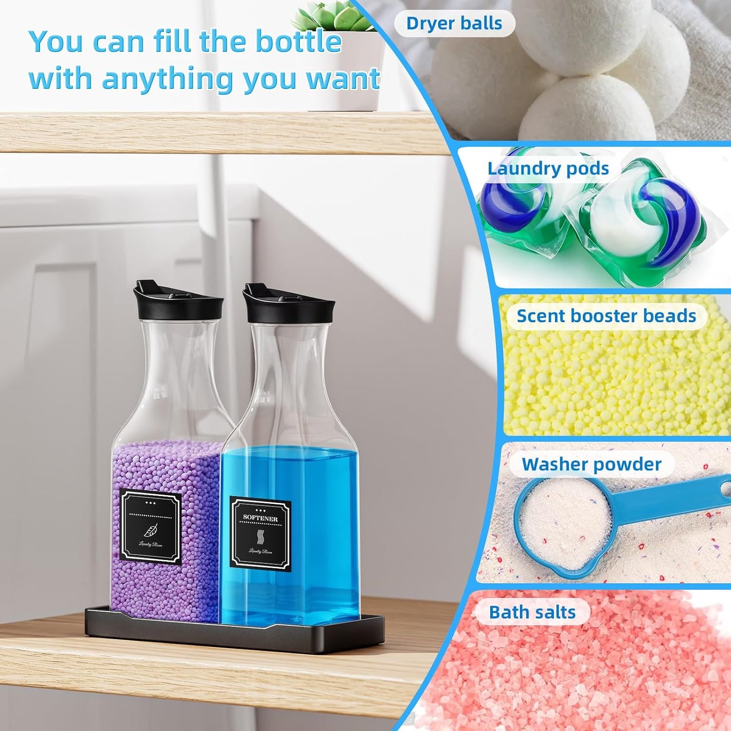 Laundry Detergent Dispenser,Laundry Soap Dispenser,Liquid Laundry Detergent Container,35OZ Fabric Softener Dispenser with Tray, Laundry Room Organization,Extra 4 Labels,White