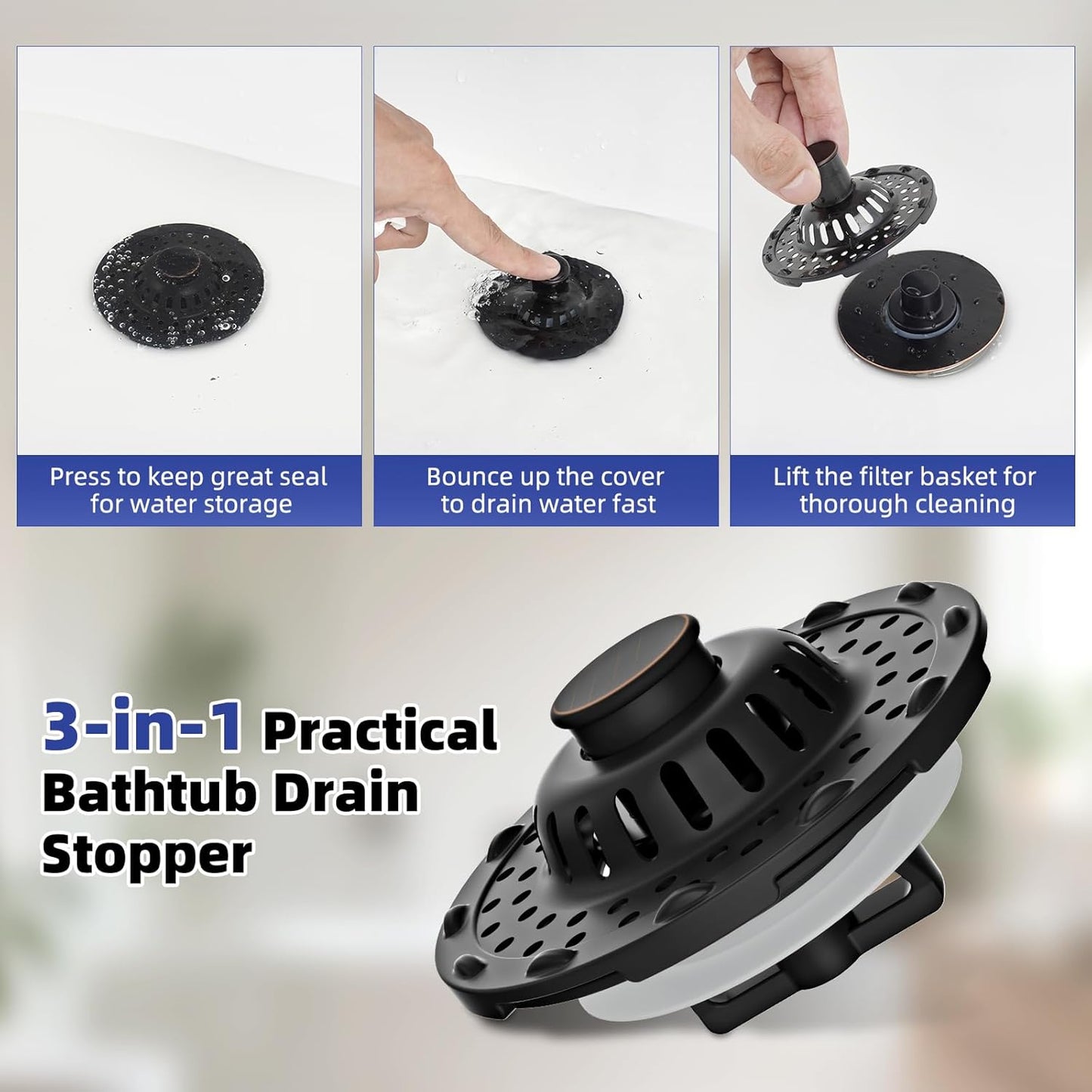 Universal Bathtub Drain Stopper Shower Drain Hair Catcher, Tub Stopper with Visible Top Strainer, Upgraded 3 in 1 Pop-up Drain Plug Fit for 1.5 to 2.4" Hole, Stainless Steel Filter Basket, Chrome