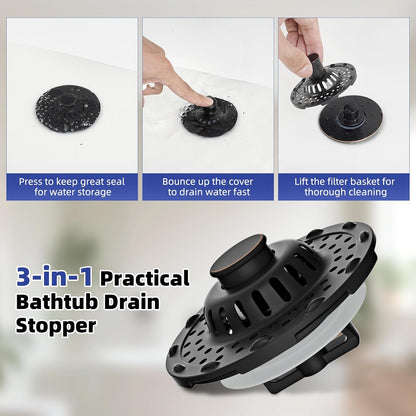 Universal Bathtub Drain Stopper Shower Drain Hair Catcher, Tub Stopper with Visible Top Strainer, Upgraded 3 in 1 Pop-up Drain Plug Fit for 1.5 to 2.4" Hole, Stainless Steel Filter Basket, Chrome