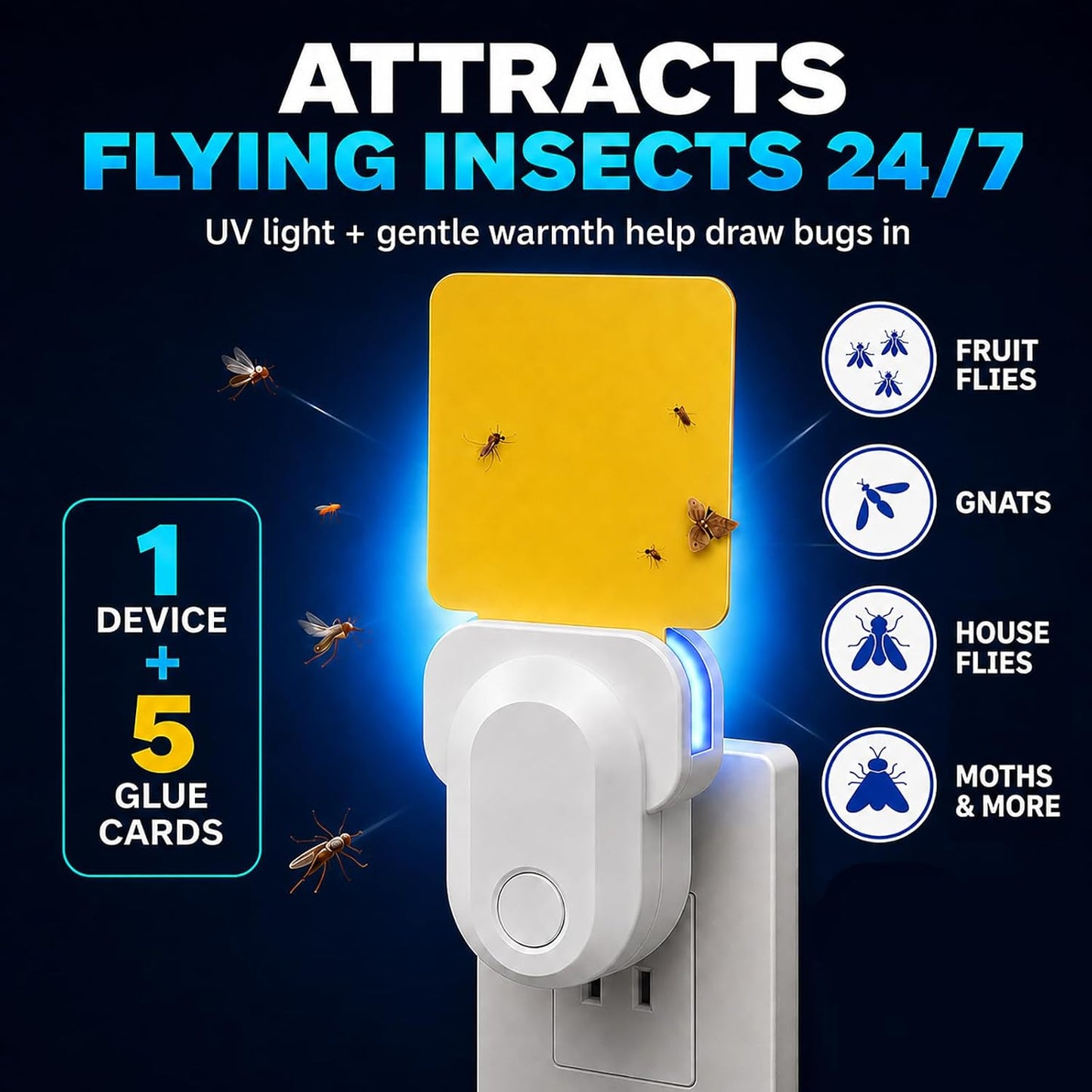 Flying Insect Trap Indoor Plug in, UV Light Fly Trap for Home | with 10 Sticky Glue Cards to Catch Fruit Flies, Gnats & Moths, Quiet Odor-Free Bug Catcher for Kitchen, Bedroom,Living Spaces
