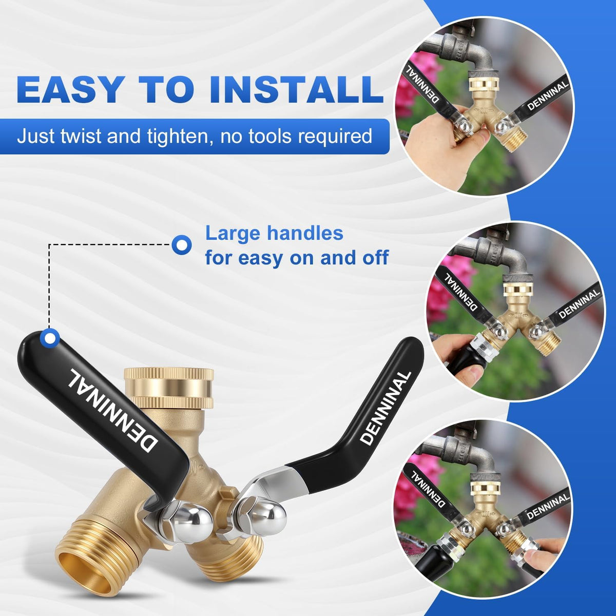 Brass Garden Hose Splitter 2 Way Heavy Duty, Safe Water Hose Splitter with 304 Stainless Steel Long Handle, Outdoor Full Flow Hose Bib Splitter Connector, Y Valve 3/4 Inch GHT Thread