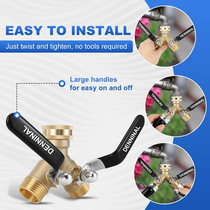 Brass Garden Hose Splitter 2 Way Heavy Duty, Safe Water Hose Splitter with 304 Stainless Steel Long Handle, Outdoor Full Flow Hose Bib Splitter Connector, Y Valve 3/4 Inch GHT Thread