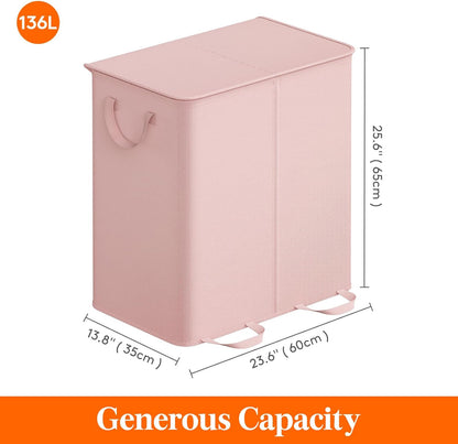 Lifewit Double Laundry Hamper with Lid and Removable Laundry Bags, Large Collapsible 2 Dividers Dirty Clothes Basket with Handles for Bedroom Laundry Room Closet Bathroom College, 136L Beige