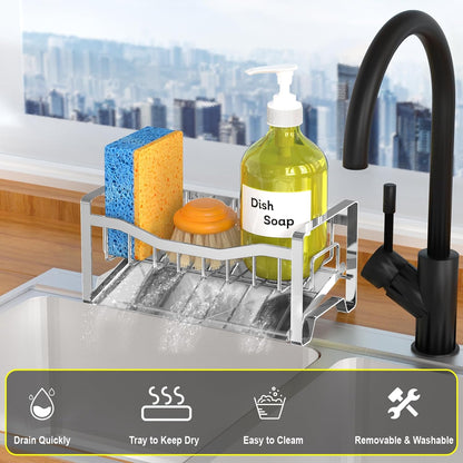 Maifan Stainless Steel Kitchen Sink Caddy Organizer with Auto Drain Tray, Sponge Holder for Countertop Storage