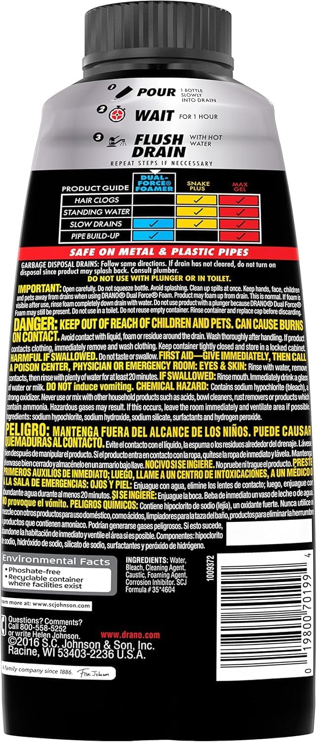 Drano EarlyAction Foamer, Drain Clog Remover & Cleaner, Unclogs Hair, Grease, Soap & Slow Drains, Removes Sources of Odor, Safe for Septic, Pipes, Garbage Disposals, Showers & Sinks, 17 Fl Oz