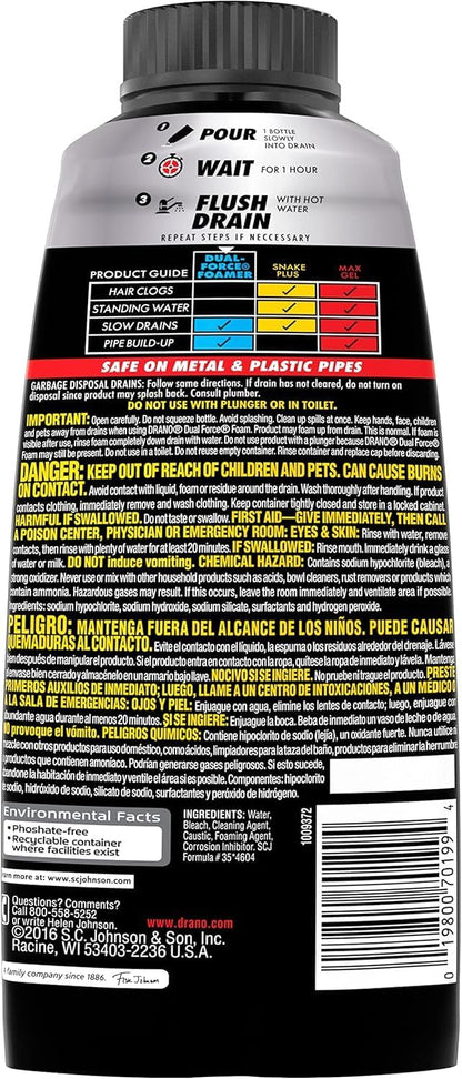 Drano EarlyAction Foamer, Drain Clog Remover & Cleaner, Unclogs Hair, Grease, Soap & Slow Drains, Removes Sources of Odor, Safe for Septic, Pipes, Garbage Disposals, Showers & Sinks, 17 Fl Oz